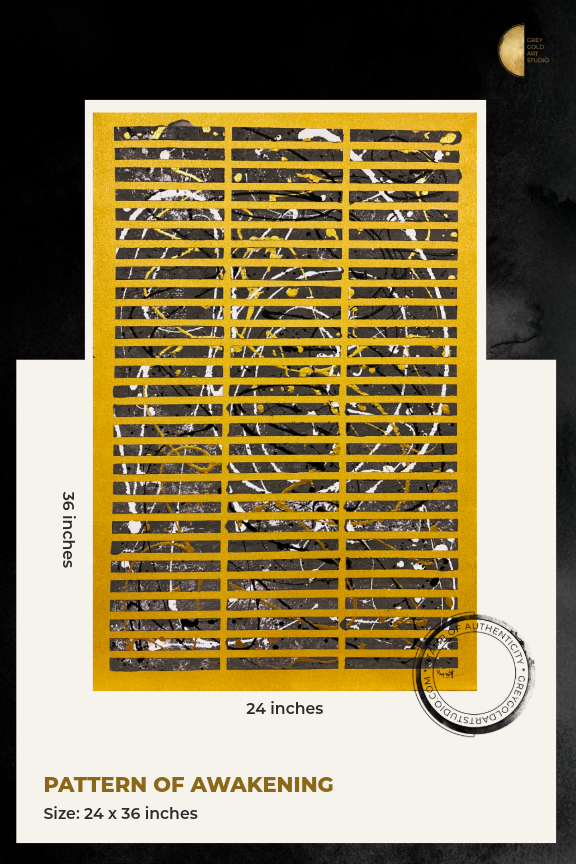 Poster with abstract pattern design and size information on a black background