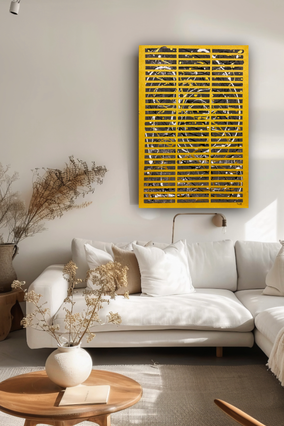 Living room with a white sofa, wooden coffee table, and abstract gold  artwork on the wall