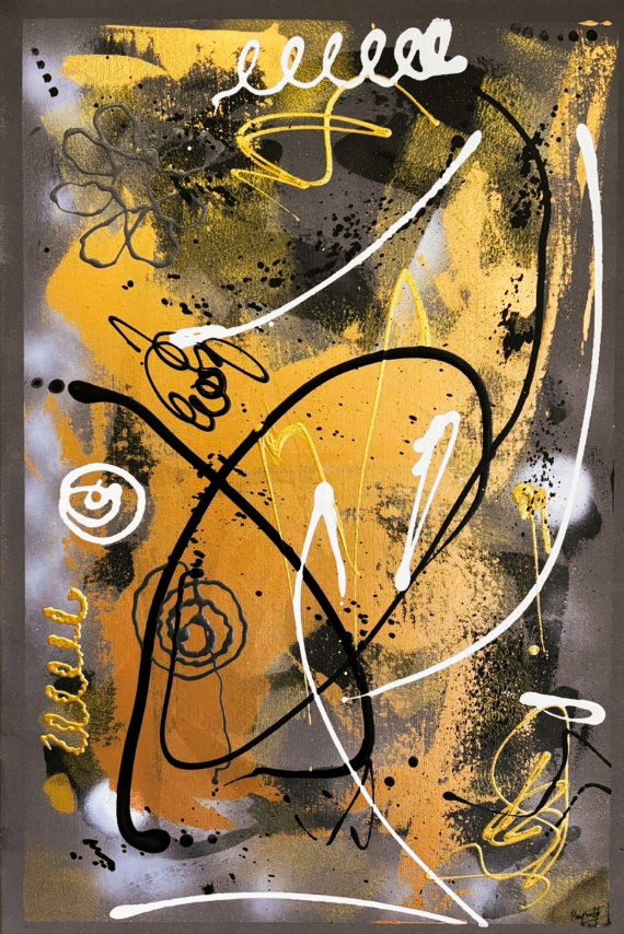 Abstract art piece with black, white, and yellow abstract shapes on a dark background