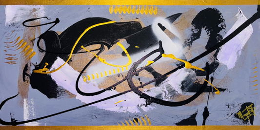 Abstract artwork with black, yellow, and white brush strokes on a blue background