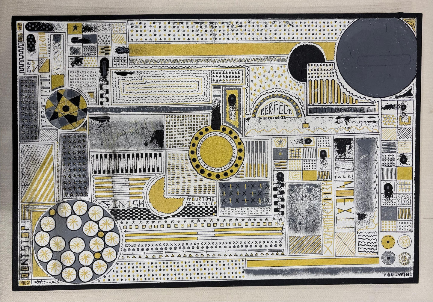 Abstract art piece with geometric shapes and patterns on a white background