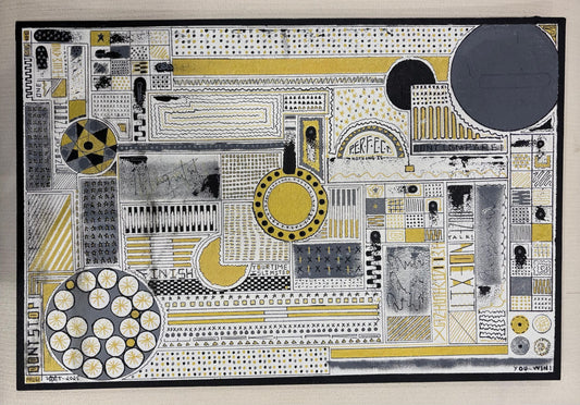 Abstract art piece with geometric shapes and patterns on a white background